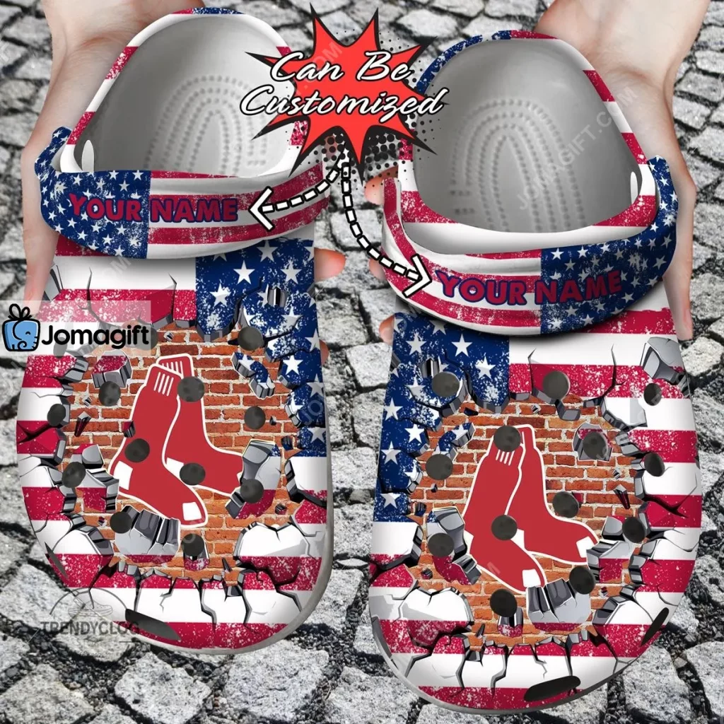 Boston Red Sox American Flag Breaking Wall Crocs Clog Shoes - Jomagift