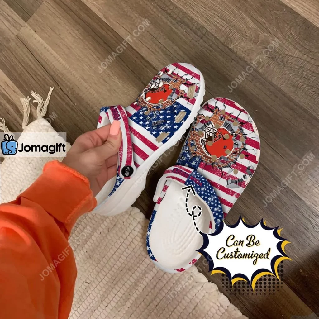 Cleveland Browns American Flag Breaking Wall Crocs Clog Shoes 1