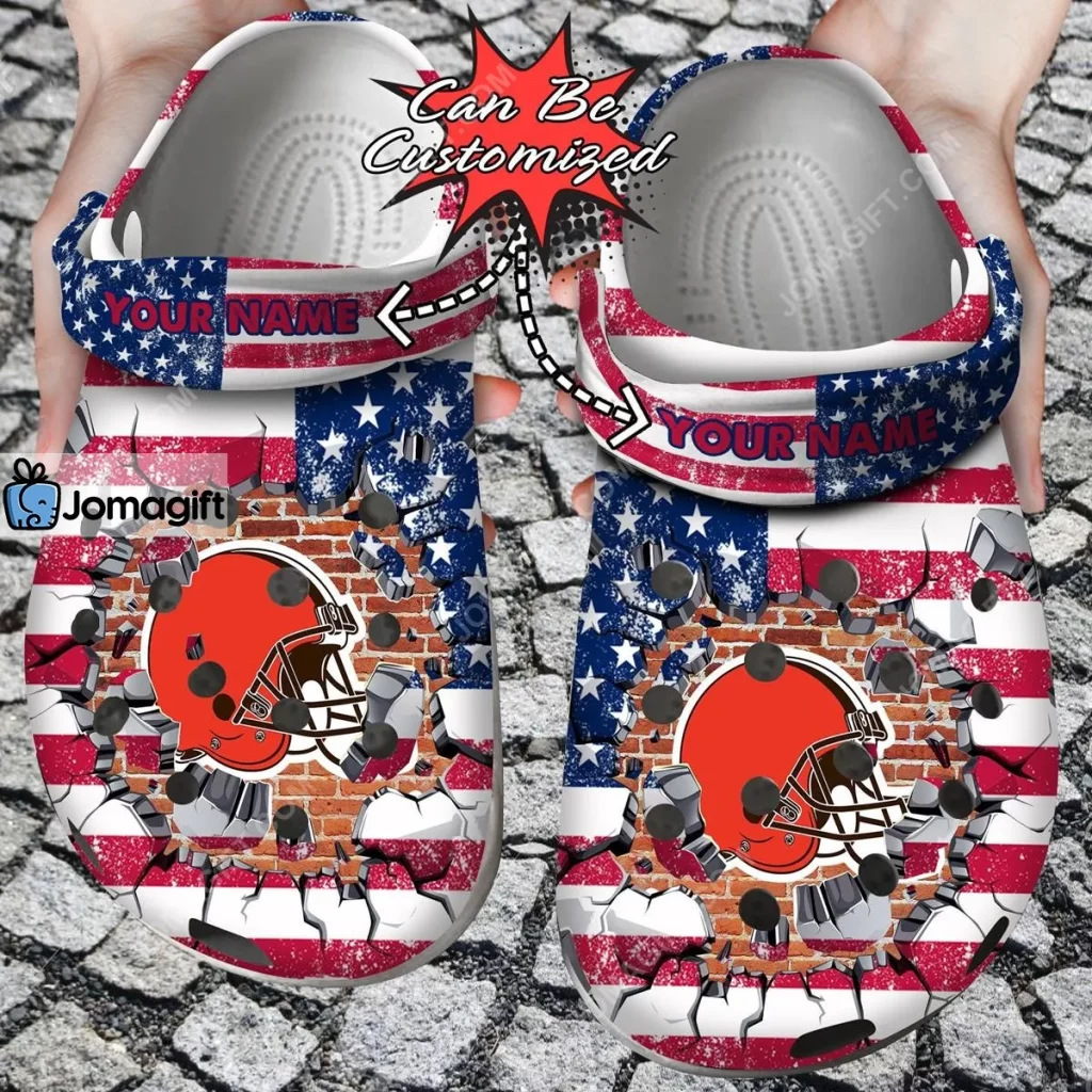 Cleveland Browns American Flag Breaking Wall Crocs Clog Shoes 2