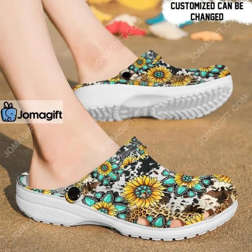 Cowhide Gemstone Sunflower Crocs Clog Shoes