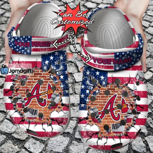 Custom Atlanta Braves American Flag Breaking Wall Crocs Clog Shoes