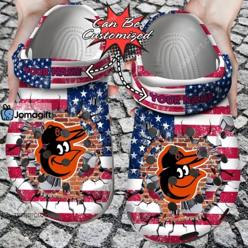 Custom Baltimore Orioles American Flag Breaking Wall Crocs Clog Shoes