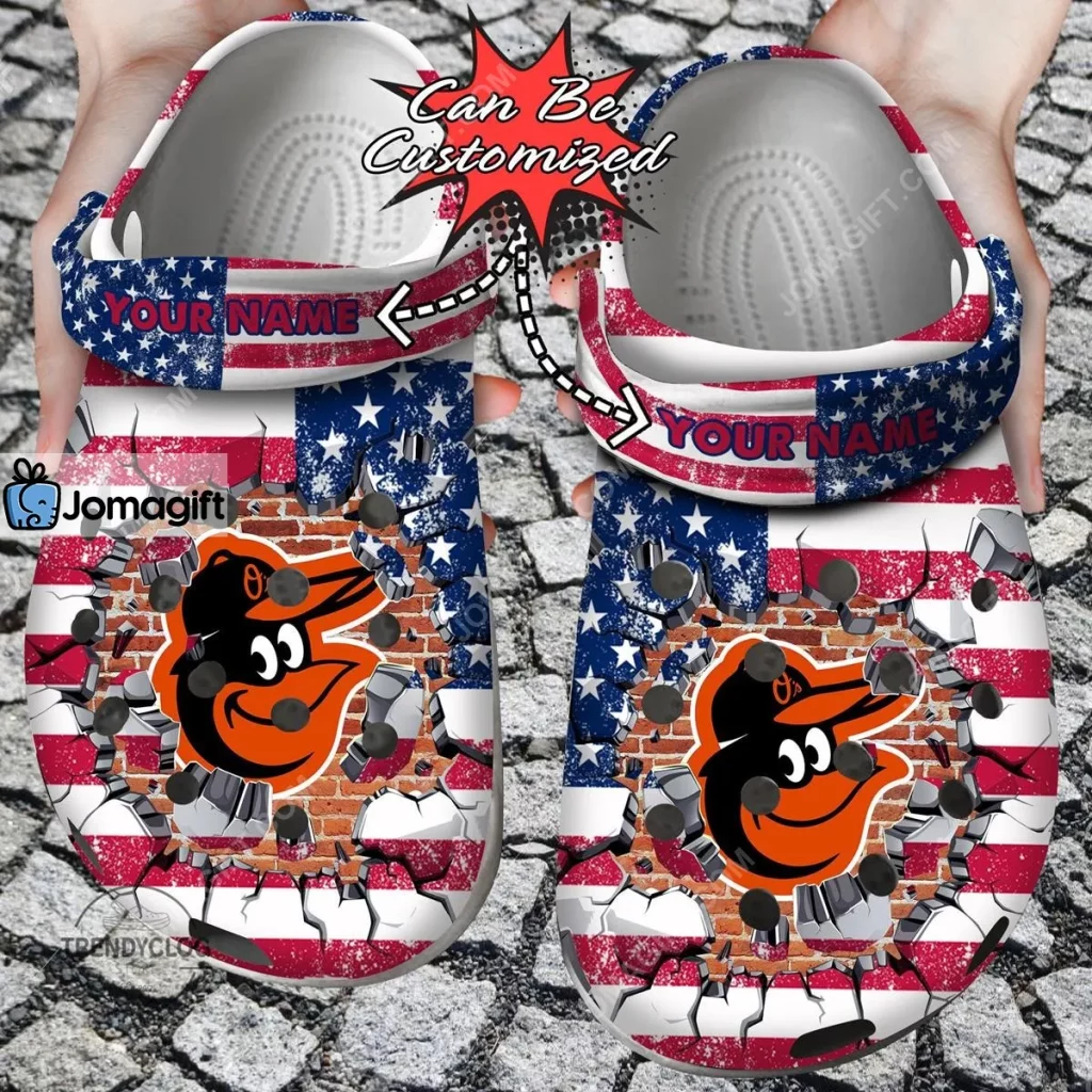Custom Baltimore Orioles American Flag Breaking Wall Crocs Clog Shoes 2
