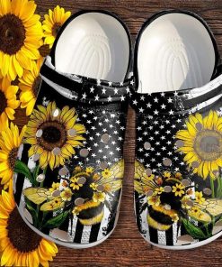 Custom Bee Sunflower America Flag  4Th Of July Crocs Clog Shoes