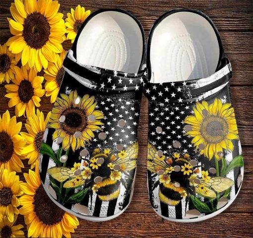 Custom Bee Sunflower America Flag  4Th Of July Crocs Clog Shoes