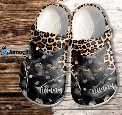 Custom Black Cat Leopard Leather Funny Crocs Clog Shoes