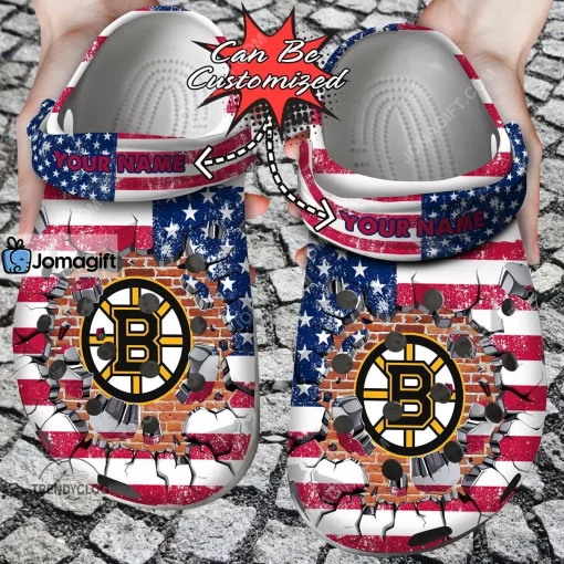 Custom Boston Bruins American Flag Breaking Wall Crocs Clog Shoes
