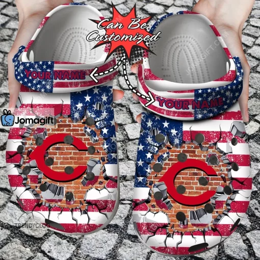 Custom Cincinnati Reds American Flag Breaking Wall Crocs Clog Shoes