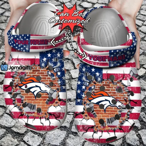 Custom Denver Broncos American Flag Breaking Wall Crocs Clog Shoes