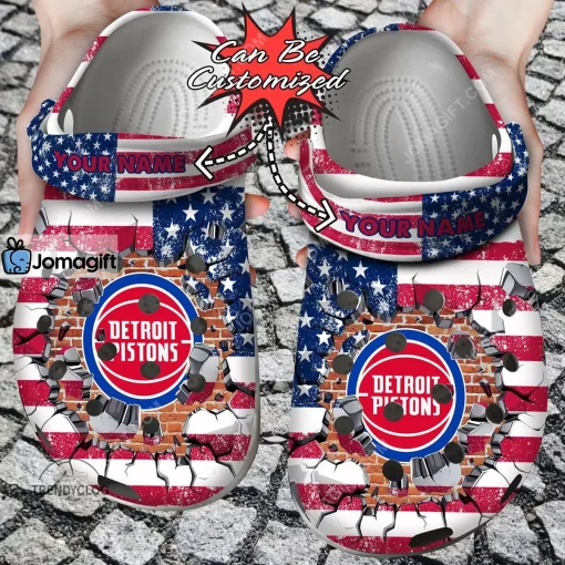 Custom Destroit Pistons American Flag Breaking Wall Crocs Clog Shoes