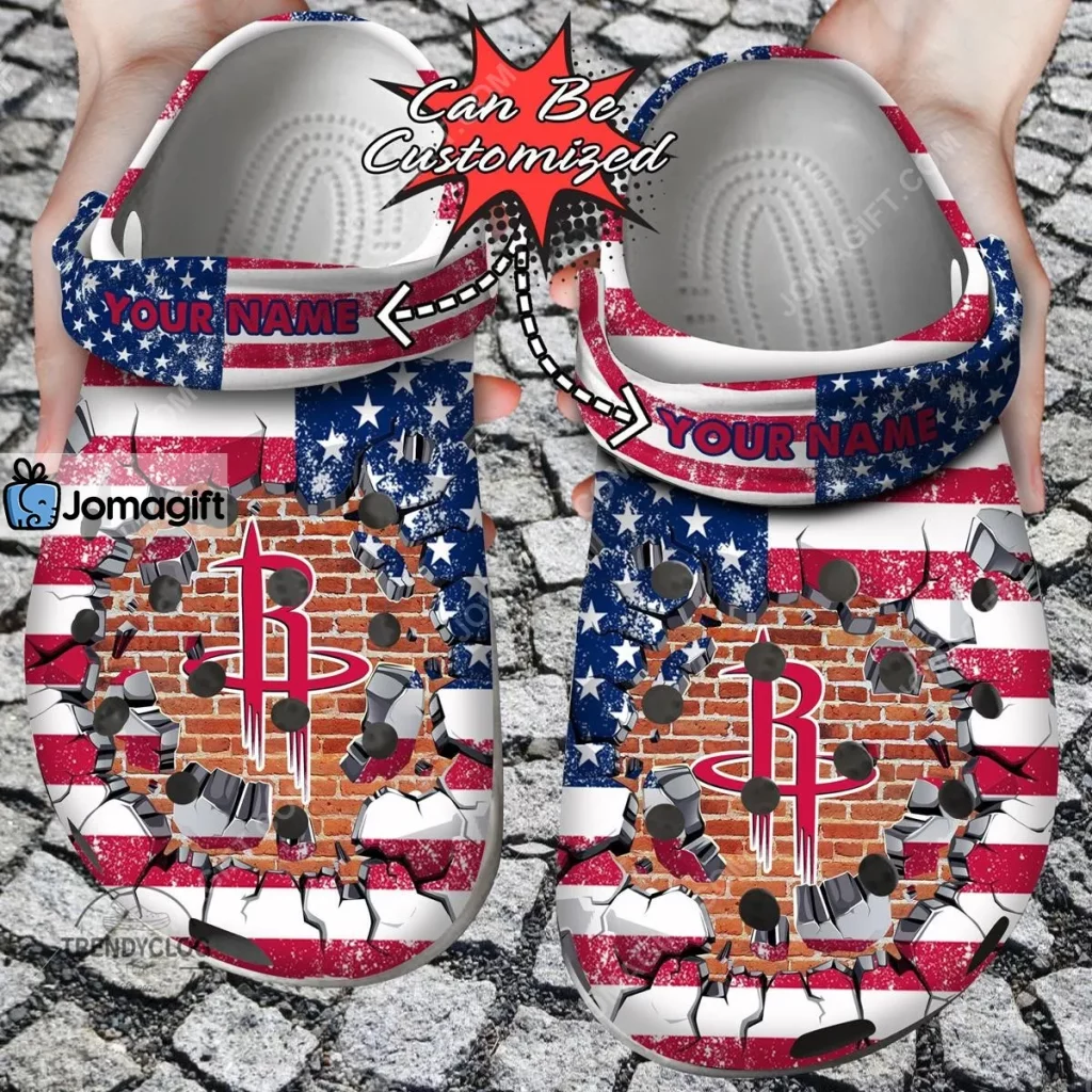 Custom Houston Rockets American Flag Breaking Wall Crocs Clog Shoes 2