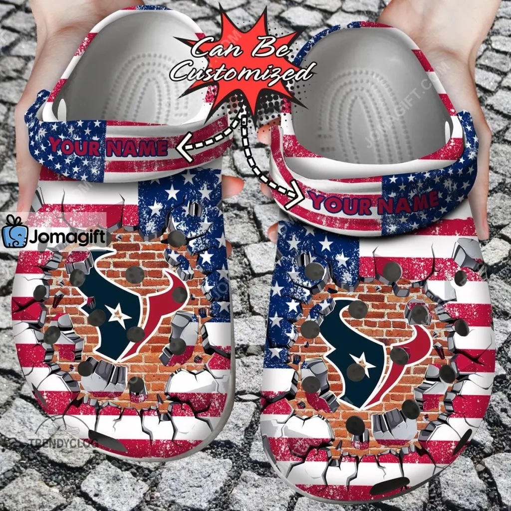 Custom Houston Texans American Flag Breaking Wall Crocs Clog Shoes