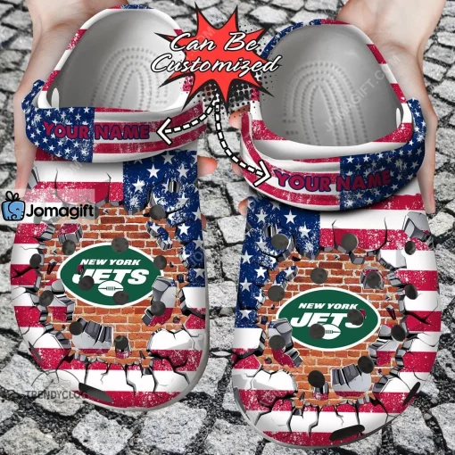 Custom New York Jets American Flag Breaking Wall Crocs Clog Shoes