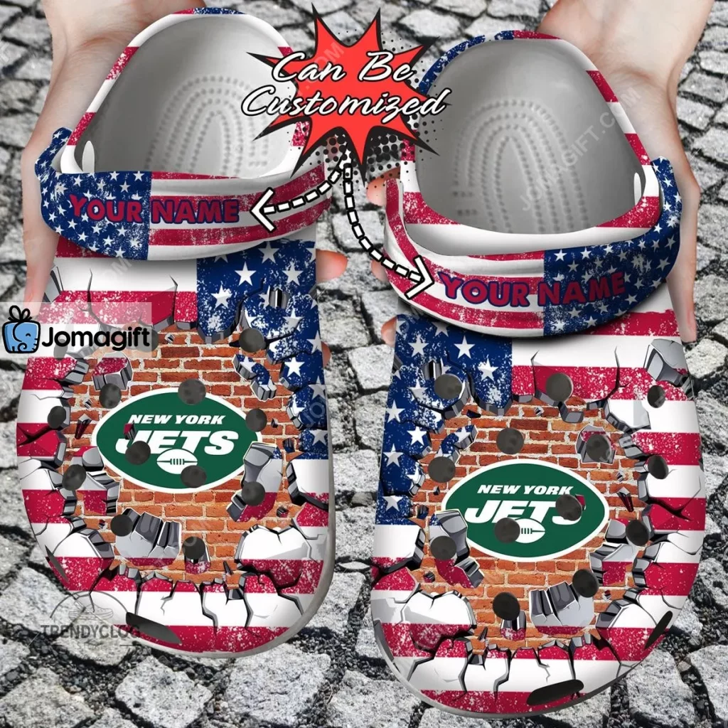 Custom New York Jets American Flag Breaking Wall Crocs Clog Shoes - Jomagift