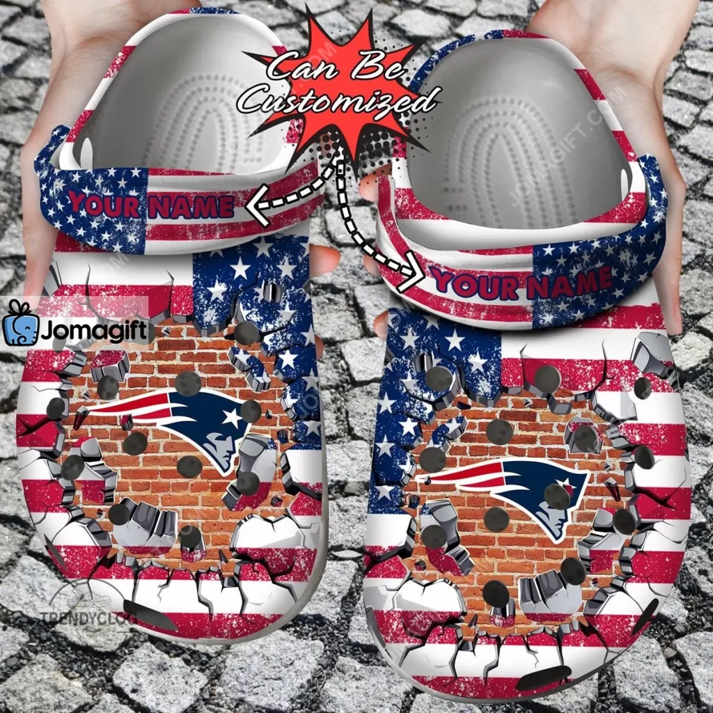 Custom New England Patriots American Flag Breaking Wall Crocs Clog Shoes 2