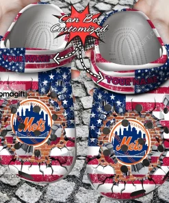 Custom New York Mets American Flag Breaking Wall Crocs Clog Shoes