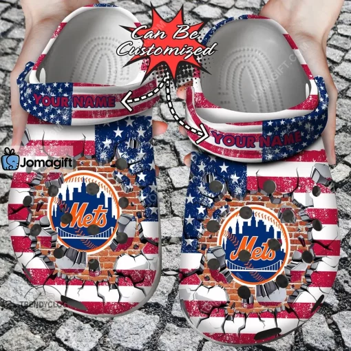Custom New York Mets American Flag Breaking Wall Crocs Clog Shoes