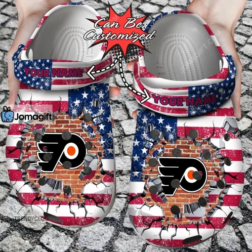 Custom Philadelphia Flyers American Flag Breaking Wall Crocs Clog Shoes