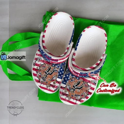 Custom San Antonio Spurs American Flag Breaking Wall Crocs Clog Shoes