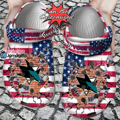Custom San Jose Sharks American Flag Breaking Wall Crocs Clog Shoes