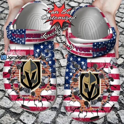 Custom Vegas Golden Knights American Flag Breaking Wall Crocs Clog Shoes