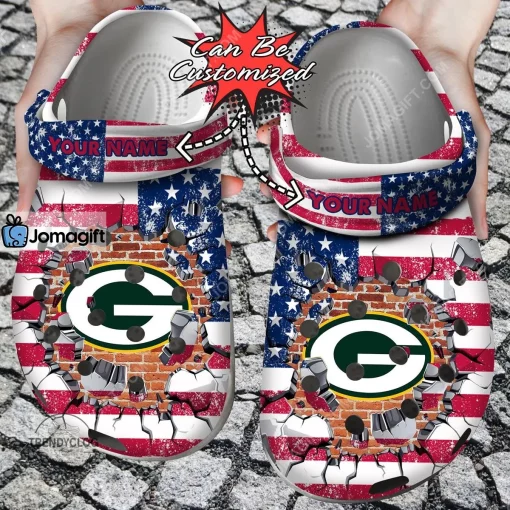 Green Bay Packers American Flag Breaking Wall Crocs Clog Shoes