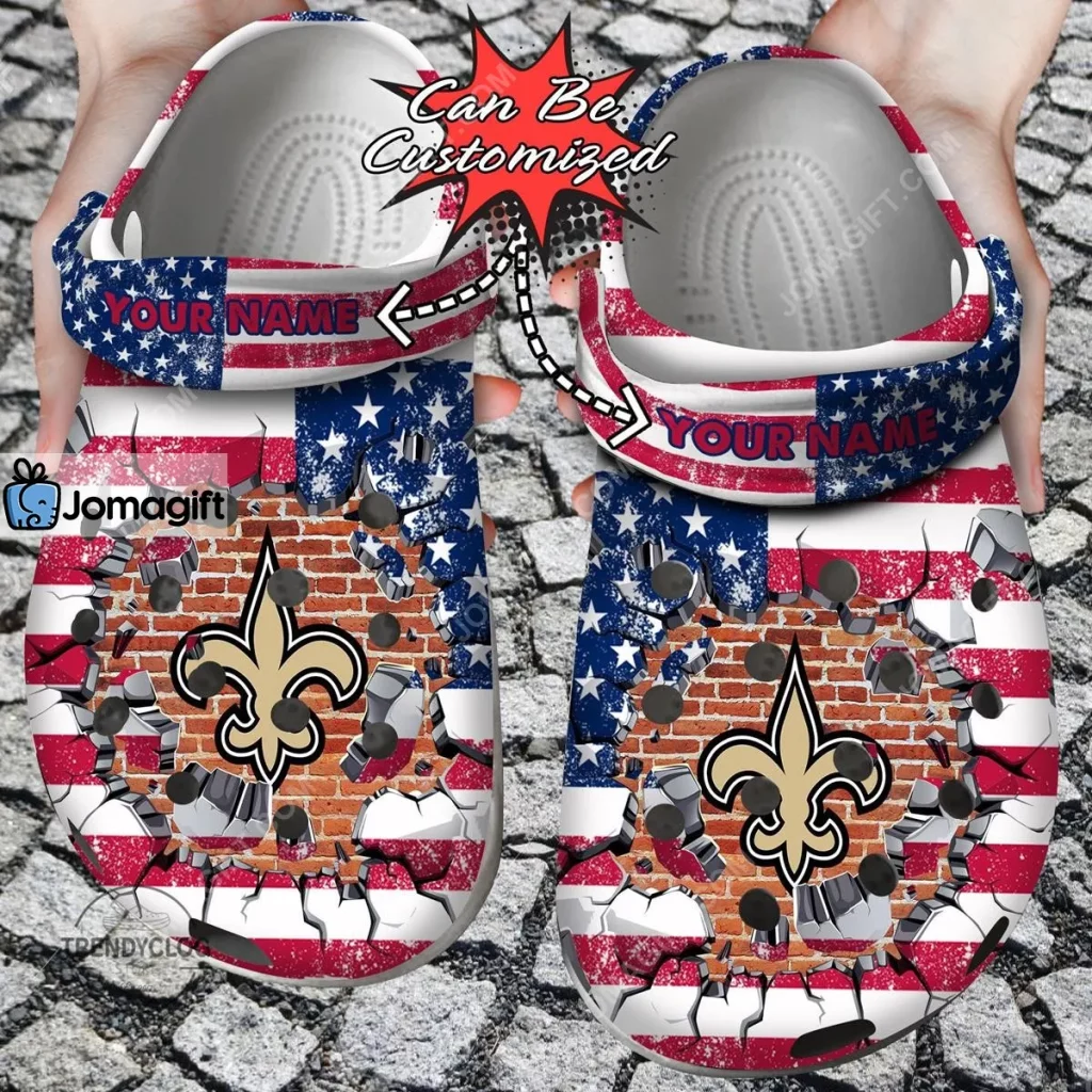New Orleans Saints American Flag Breaking Wall Crocs Clog Shoes
