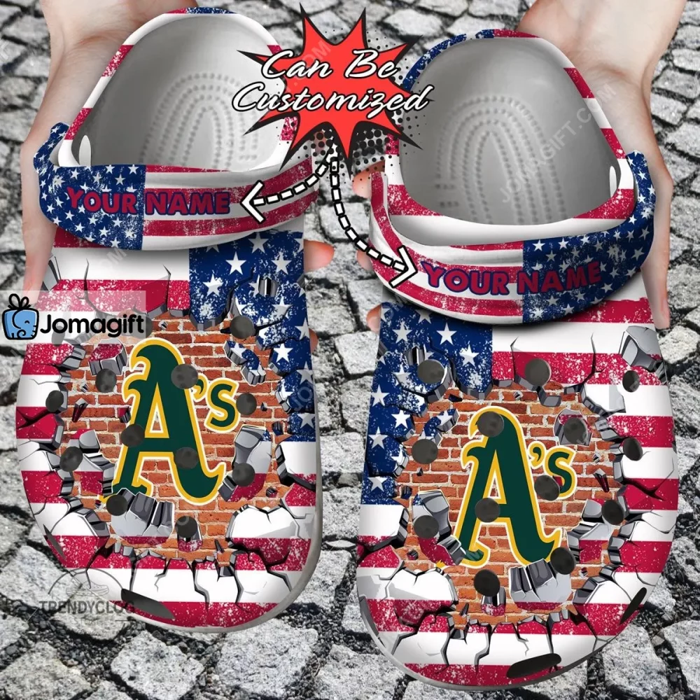 Oakland Athletics American Flag Breaking Wall Crocs Clog Shoes 2