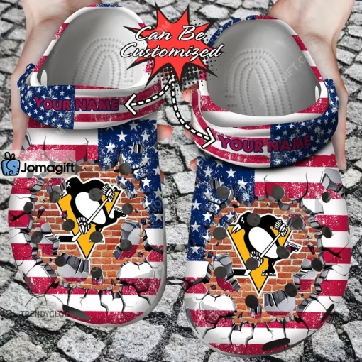 Pittsburgh Penguins American Flag Breaking Wall Crocs Clog Shoes