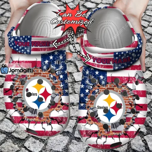 Pittsburgh Steelers American Flag Breaking Wall Crocs Clog Shoes