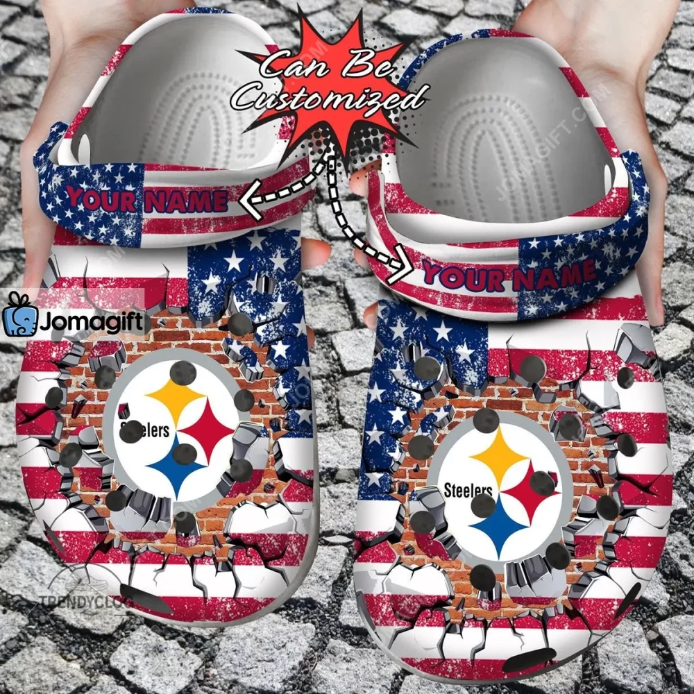 Pittsburgh Steelers American Flag Breaking Wall Crocs Clog Shoes 2