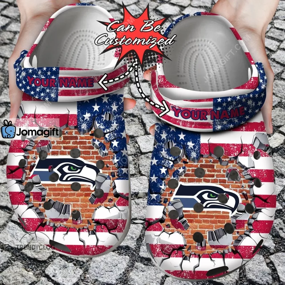 Seattle Seahawks American Flag Breaking Wall Crocs Clog Shoes