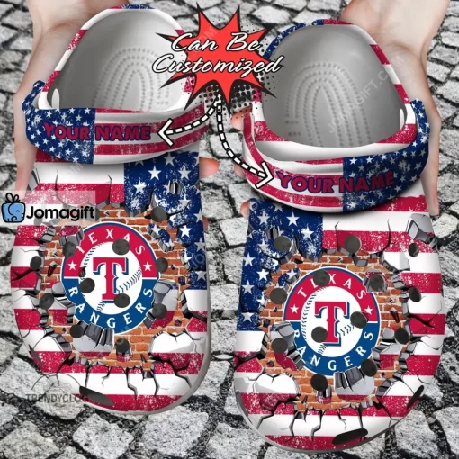 Texas Rangers American Flag Breaking Wall Crocs Clog Shoes