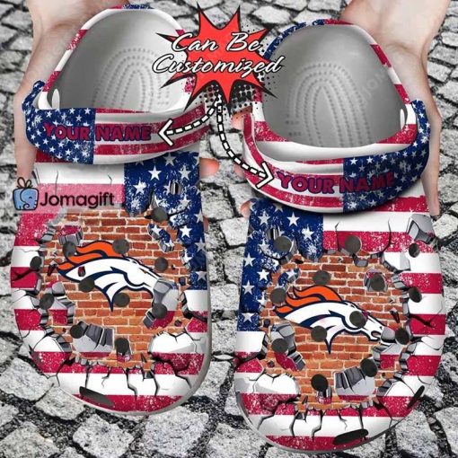 Customized Denver Broncos Crocs American Flag Breaking Wall Gift