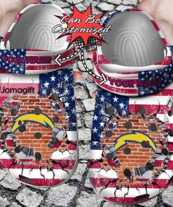 Customized Los Angeles Chargers Crocs American Flag Breaking Wall Gift