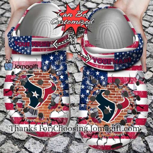 [Personalized] Houston Texans American Flag Breaking Wall Crocs Gift