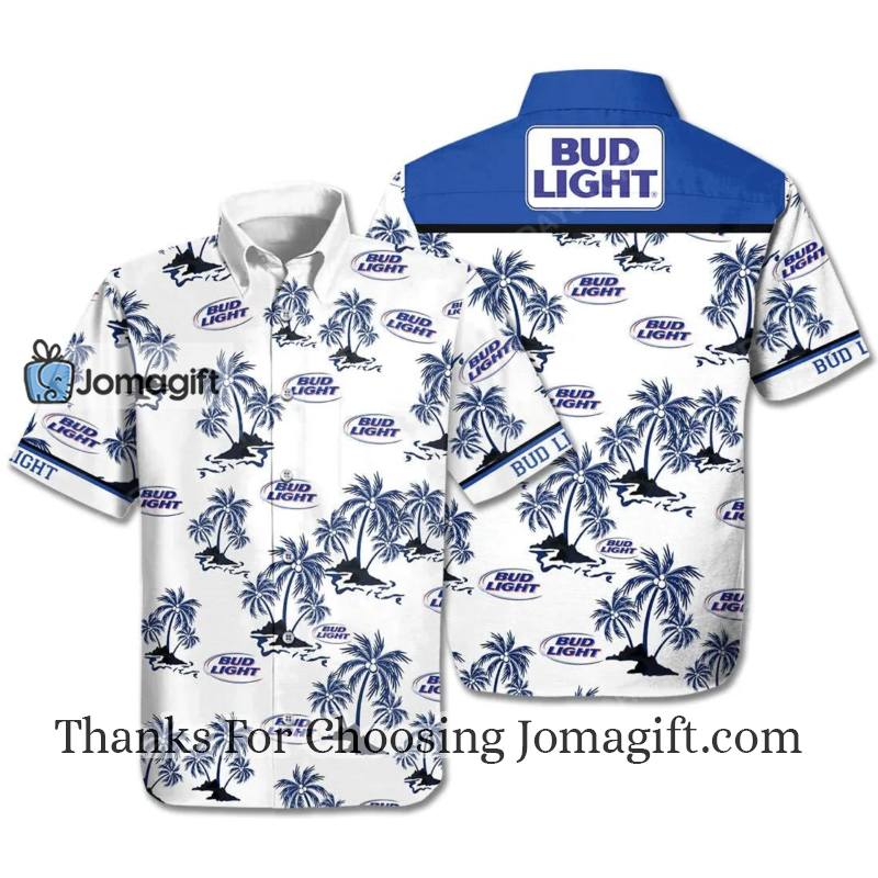 Beer Hawaiian Shirt Bud Light Beer Palm Trees White Blue 1