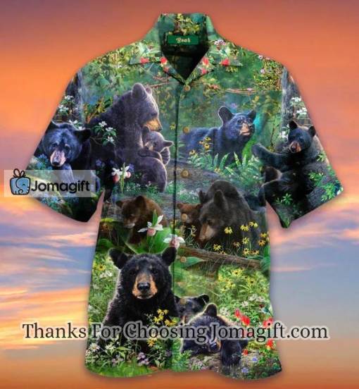 Black Bear Family Colorful Flower Jungle Hawaiian Shirt