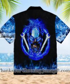 Blue Fire Skull Mechanic Hawaiian Shirt