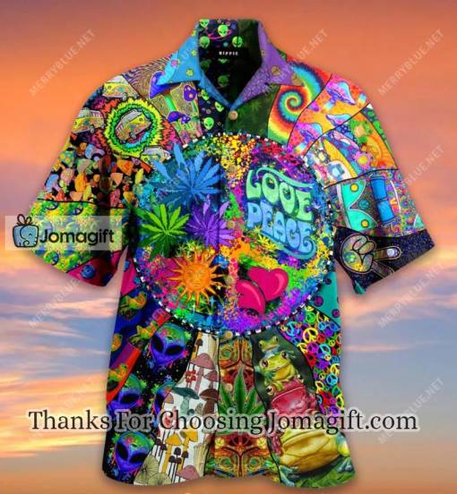 Hippie Hawaiian Shirt Love Peace Hippie Mushroom Alien Symbols
