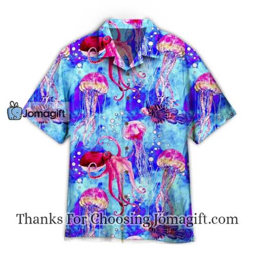 Watercolor Octopus And Jellyfish On Blue Sea Hawaiian Shirt
