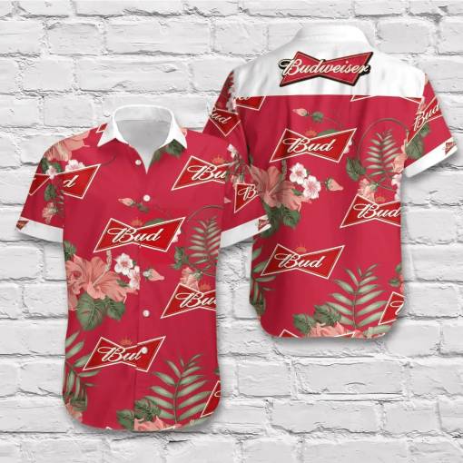 [Amazing] Beer Hawaii Shirt Budweiser Logo Tropical Hibiscus Flower Red