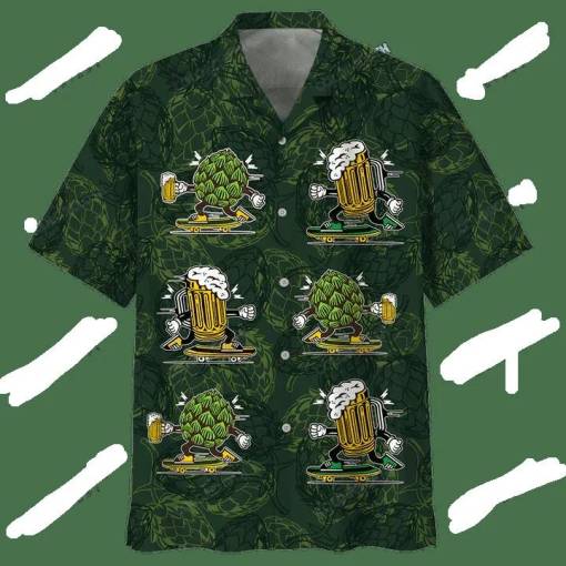 [Amazing] Beer Hawaiian Shirt Hops And Beer Cups Dark Green Beer Hawaii Shirt