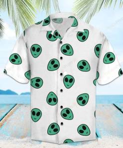 [Awesome] Alien Hawaiian Shirt Green Smiling Alien Head Pattern White
