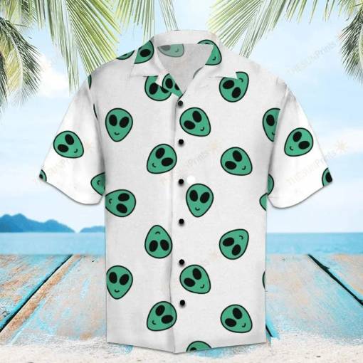 [Awesome] Alien Hawaiian Shirt Green Smiling Alien Head Pattern White