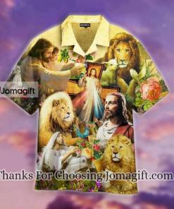 Awesome Jesus Lion Goat Beautiful Flowers Hawaiian Shirt 1 1