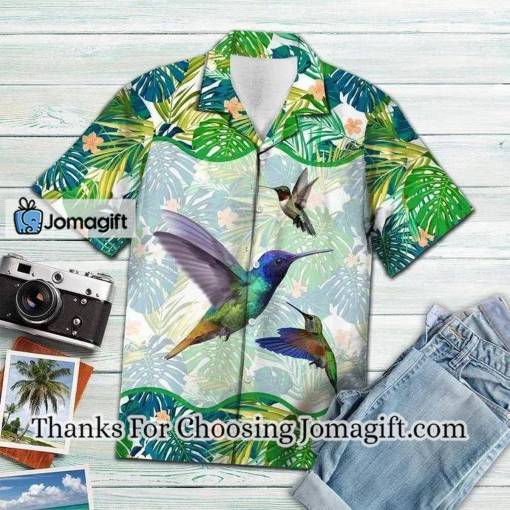 [Fashionable] Beautiful Hummingbird Green Tropical Leaves Pattern Hawaiian Shirt Gift