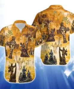 Best selling Jesus Hawaiian Shirt Bronze Jesus Cross Statue Yellow 1 1