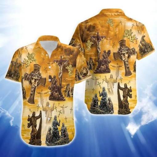 [Best-selling] Jesus Hawaiian Shirt Bronze Jesus Cross Statue Yellow