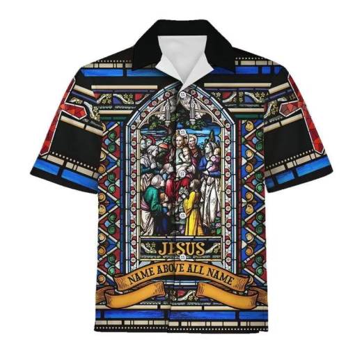 [Best-selling] Jesus Hawaiian Shirt Jesus Name Above All Name Stained Glass
